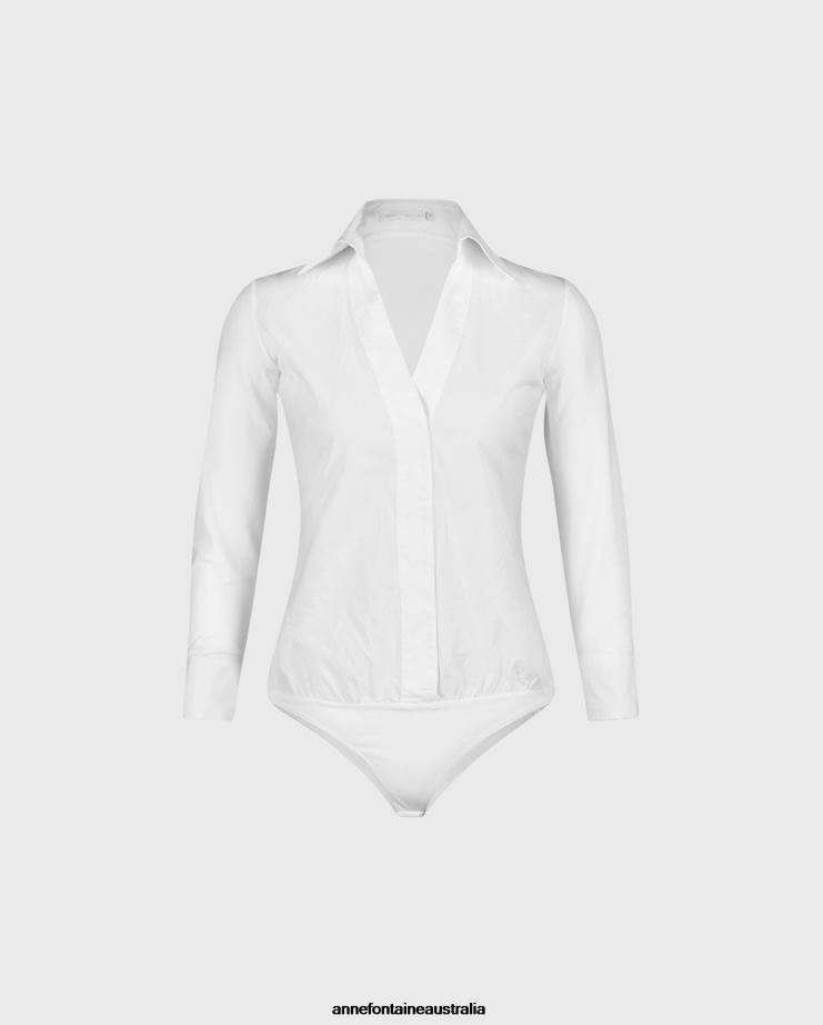 Anne Fontaine Clothing 2VZRJ192 Women Verene Bodysuit Poplin and Jersey Bodysuit With Large Point Collar White