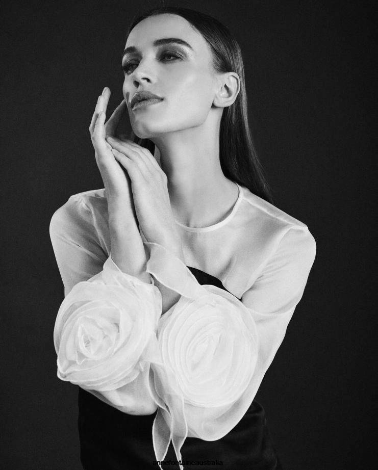 Anne Fontaine Clothing 2VZRJ196 Women Spring Blouse and Silk Blouse Enhanced With Rosettes at the Bottom of the Puffed Sleeves Black/White