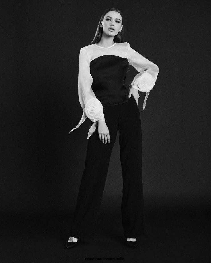 Anne Fontaine Clothing 2VZRJ196 Women Spring Blouse and Silk Blouse Enhanced With Rosettes at the Bottom of the Puffed Sleeves Black/White