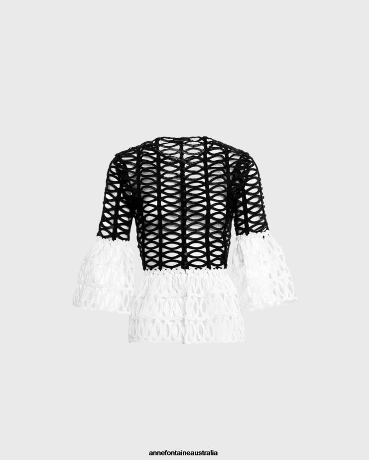 Anne Fontaine Clothing 2VZRJ197 Women Mayoko Blouse Geometric Peplum Net Blouse Black/White
