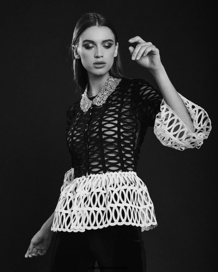 Anne Fontaine Clothing 2VZRJ197 Women Mayoko Blouse Geometric Peplum Net Blouse Black/White