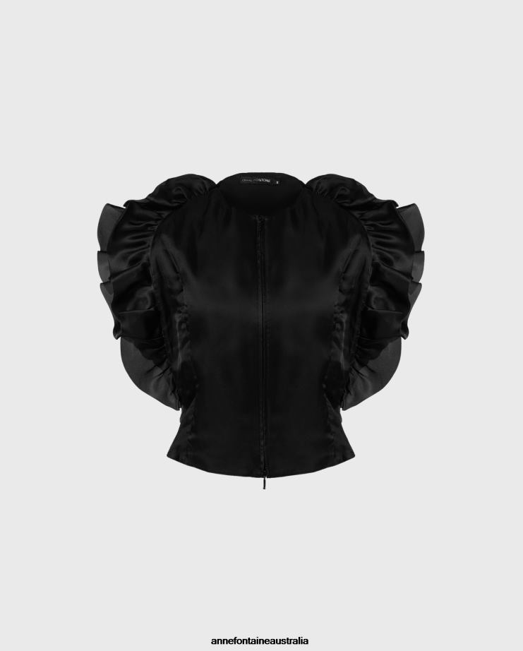 Anne Fontaine Clothing 2VZRJ204 Women Porcelaine Blouse Sleeveless Silk Shirt Adorned With Ruffled Details Black
