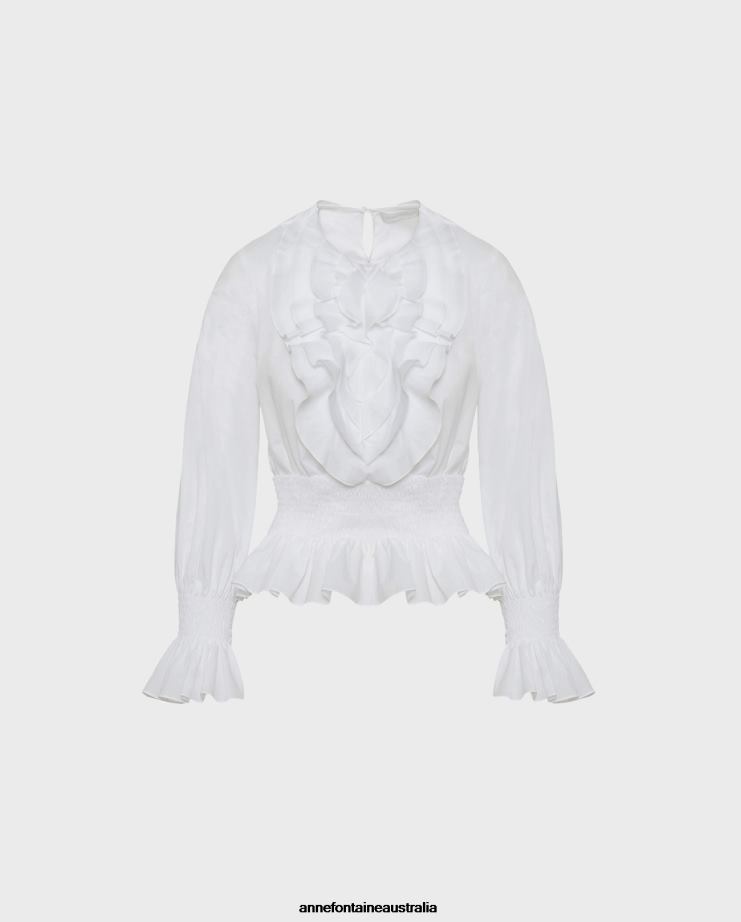 Anne Fontaine Clothing 2VZRJ209 Women Aida Blouse Poplin Blouse With a Smocked Waist White