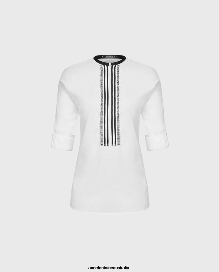 Anne Fontaine Clothing 2VZRJ210 Women Venisa Top High Low Blouse With 3/4 Length Front Zipper White