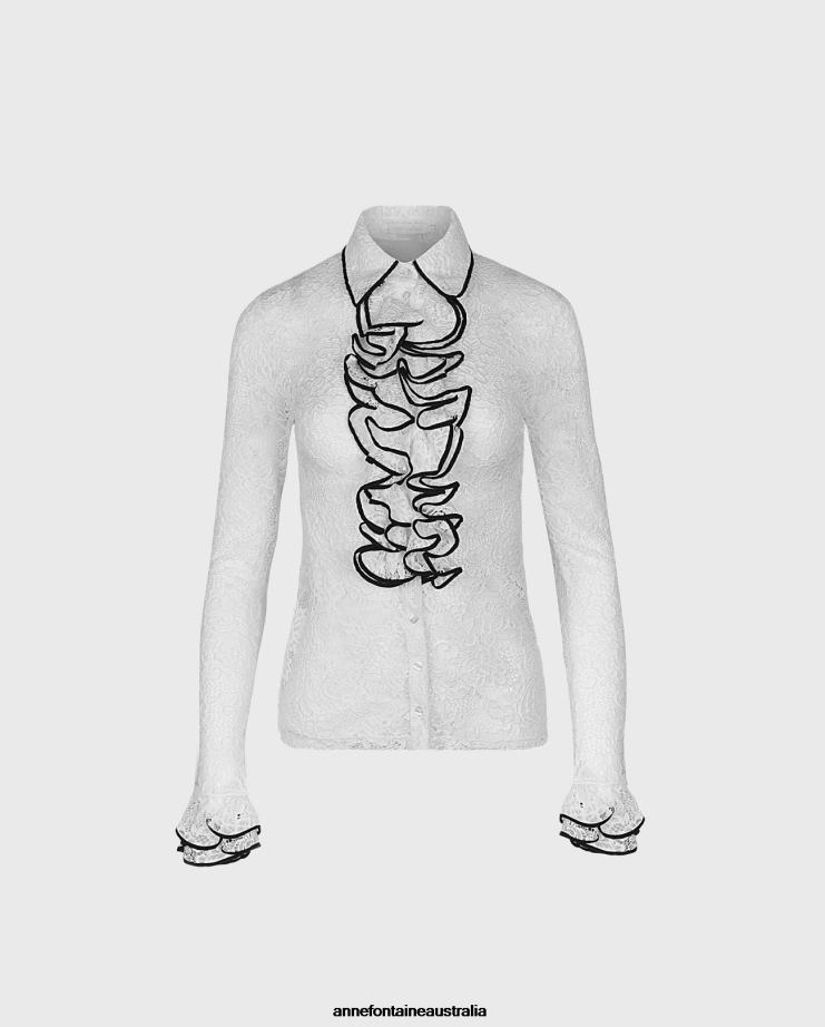 Anne Fontaine Clothing 2VZRJ214 Women Academia Shirt Long Sleeve Floral LaceShirt With Ruffled Placket and Sleeves White