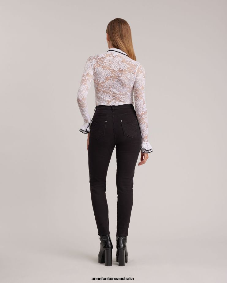 Anne Fontaine Clothing 2VZRJ214 Women Academia Shirt Long Sleeve Floral LaceShirt With Ruffled Placket and Sleeves White