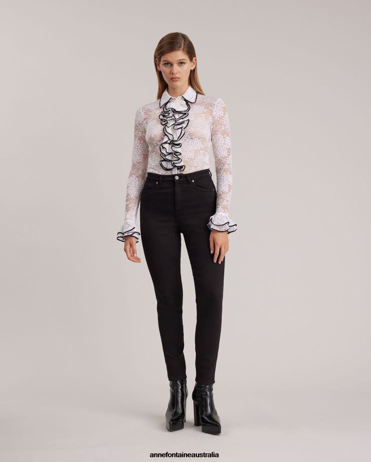 Anne Fontaine Clothing 2VZRJ214 Women Academia Shirt Long Sleeve Floral LaceShirt With Ruffled Placket and Sleeves White
