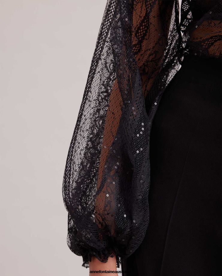 Anne Fontaine Clothing 2VZRJ215 Women Romantic Blouse Sheer Lace Blouse With a Lattice Horizontal Detail and Tonal Sequins Black