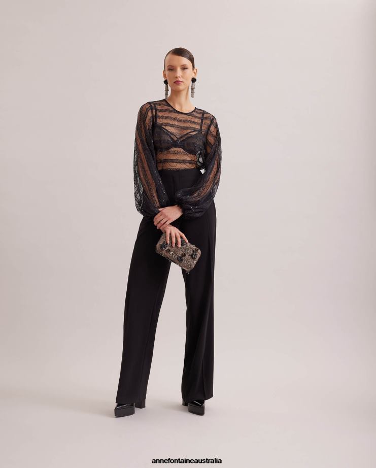Anne Fontaine Clothing 2VZRJ215 Women Romantic Blouse Sheer Lace Blouse With a Lattice Horizontal Detail and Tonal Sequins Black