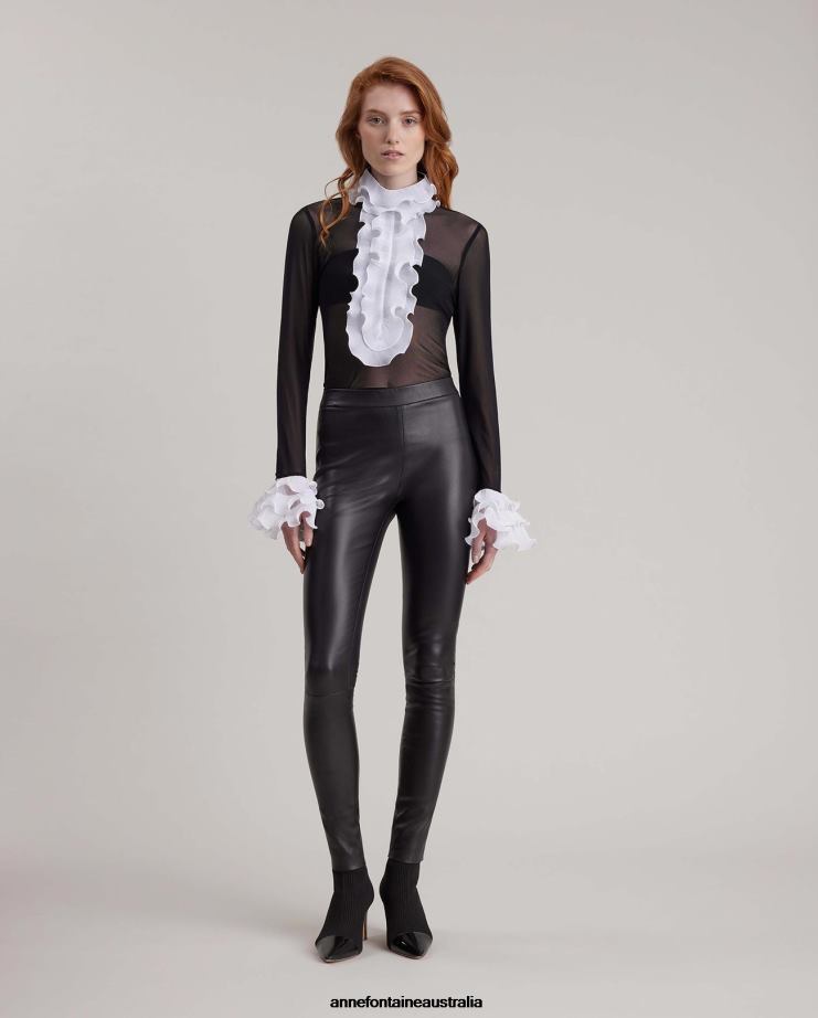 Anne Fontaine Clothing 2VZRJ216 Women Shadow Blouse Sheer Pullover Shirt With Contrasting Pleated Ruffle Trims White