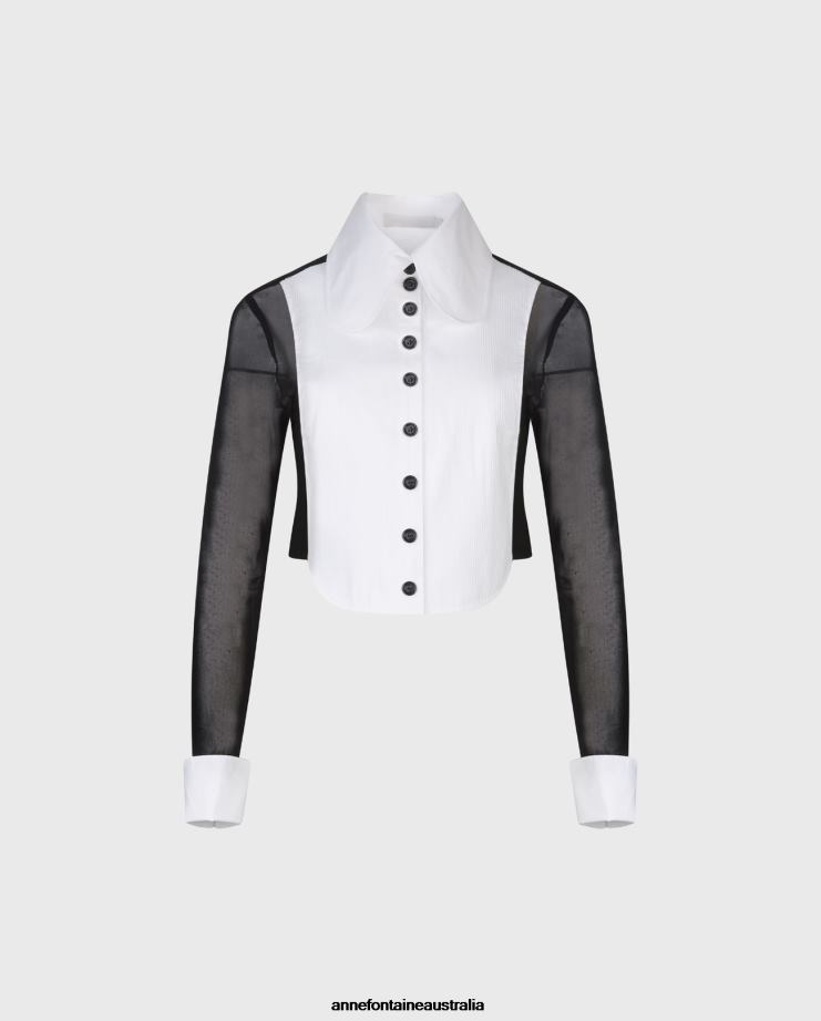 Anne Fontaine Clothing 2VZRJ217 Women Pergame Shirt Cropped Tuxedo Shirt Featuring a Rounded Swiss Plisse Bib Front and Sheer Sleeves Black/White