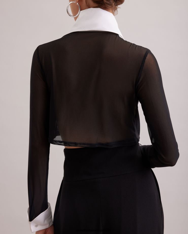 Anne Fontaine Clothing 2VZRJ217 Women Pergame Shirt Cropped Tuxedo Shirt Featuring a Rounded Swiss Plisse Bib Front and Sheer Sleeves Black/White