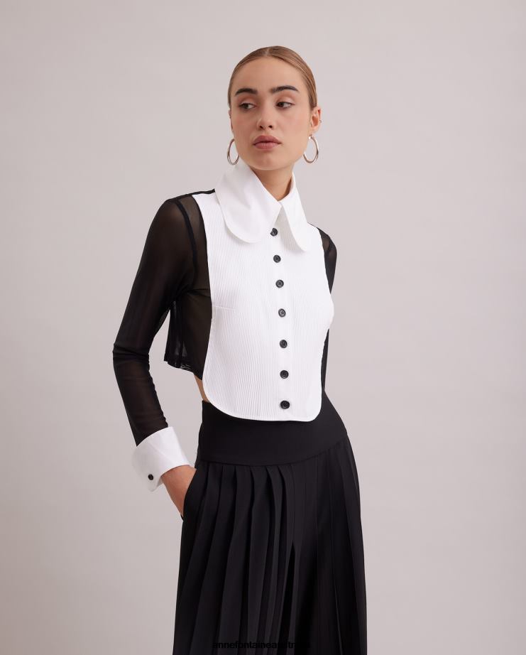 Anne Fontaine Clothing 2VZRJ217 Women Pergame Shirt Cropped Tuxedo Shirt Featuring a Rounded Swiss Plisse Bib Front and Sheer Sleeves Black/White
