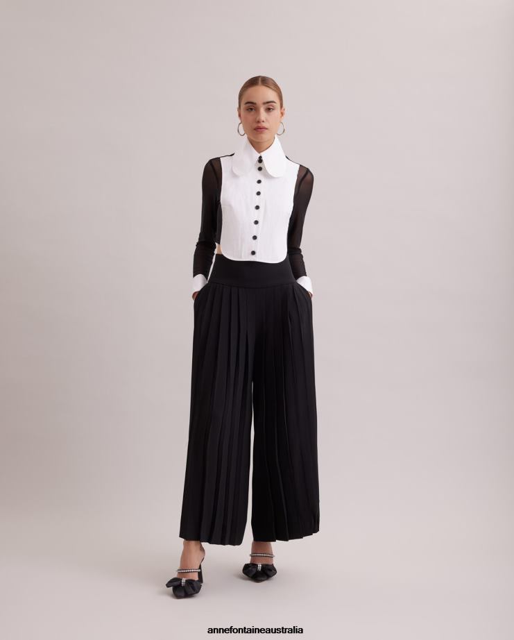 Anne Fontaine Clothing 2VZRJ217 Women Pergame Shirt Cropped Tuxedo Shirt Featuring a Rounded Swiss Plisse Bib Front and Sheer Sleeves Black/White