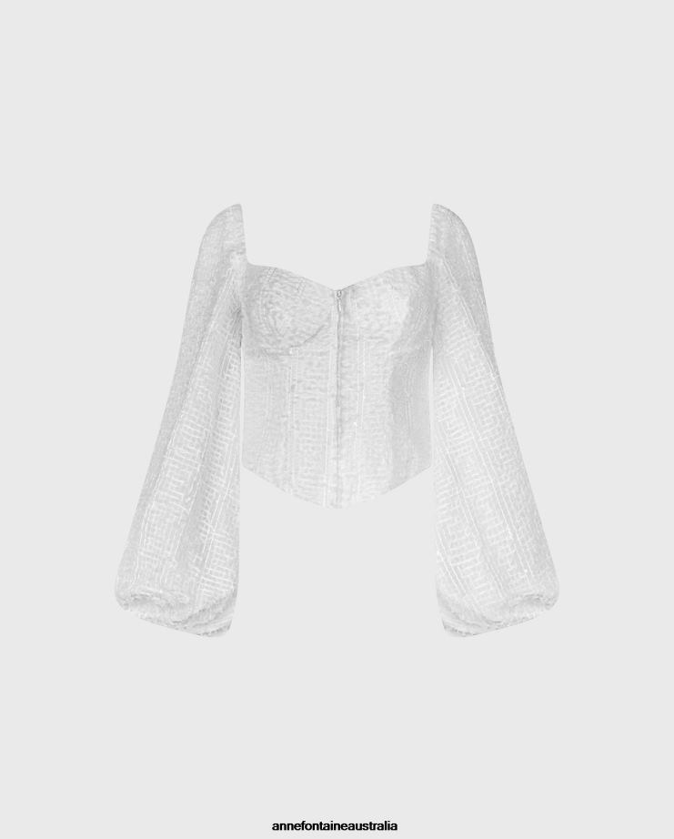 Anne Fontaine Clothing 2VZRJ219 Women Plume Blouse Textured Balloon Sleeve Corset-Style Shirt White