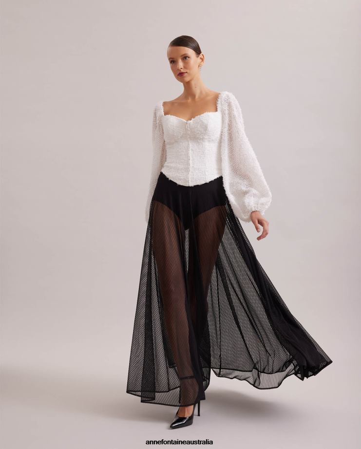 Anne Fontaine Clothing 2VZRJ219 Women Plume Blouse Textured Balloon Sleeve Corset-Style Shirt White