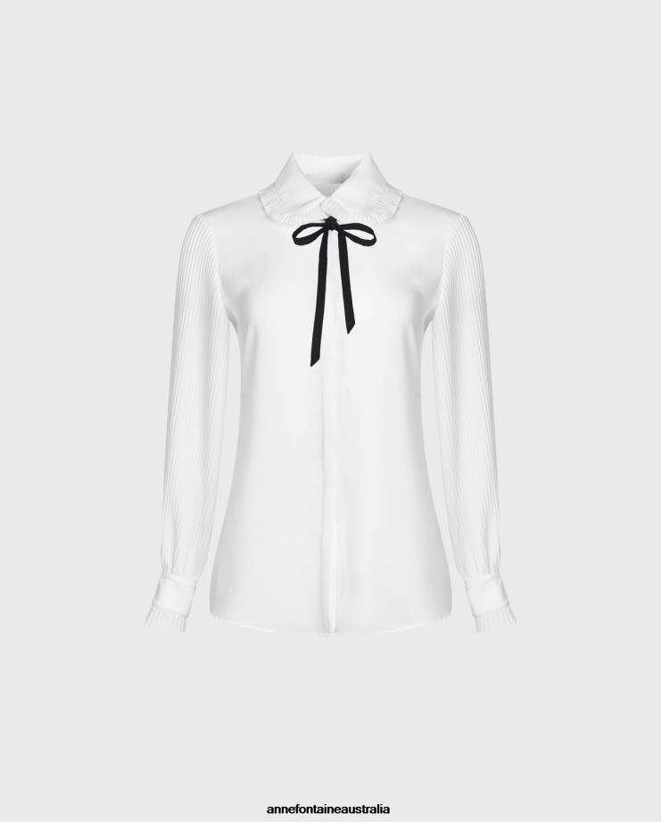 Anne Fontaine Clothing 2VZRJ220 Women Nini Shirt Flowy Crepe Shirt With Round Mini Pleated Collar and Removable Necktie Black/White