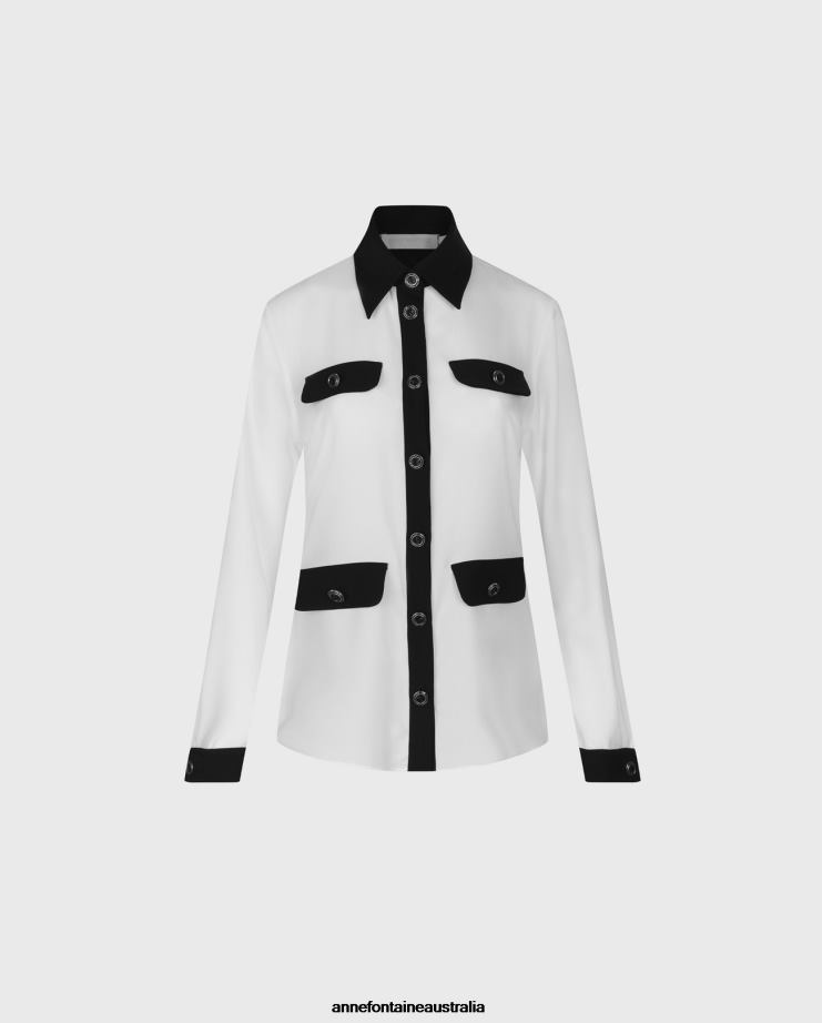 Anne Fontaine Clothing 2VZRJ222 Women Sandeau Shirt Long Sleeve Shirt With Contrast Trims and Large Button Details Black/White