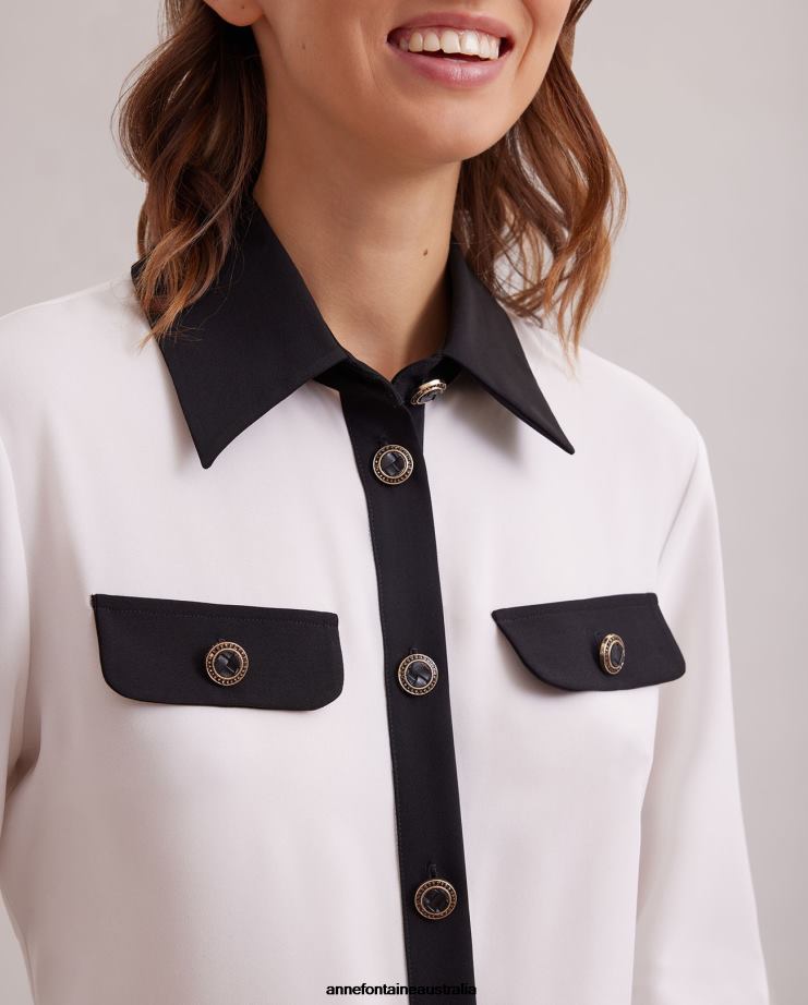 Anne Fontaine Clothing 2VZRJ222 Women Sandeau Shirt Long Sleeve Shirt With Contrast Trims and Large Button Details Black/White