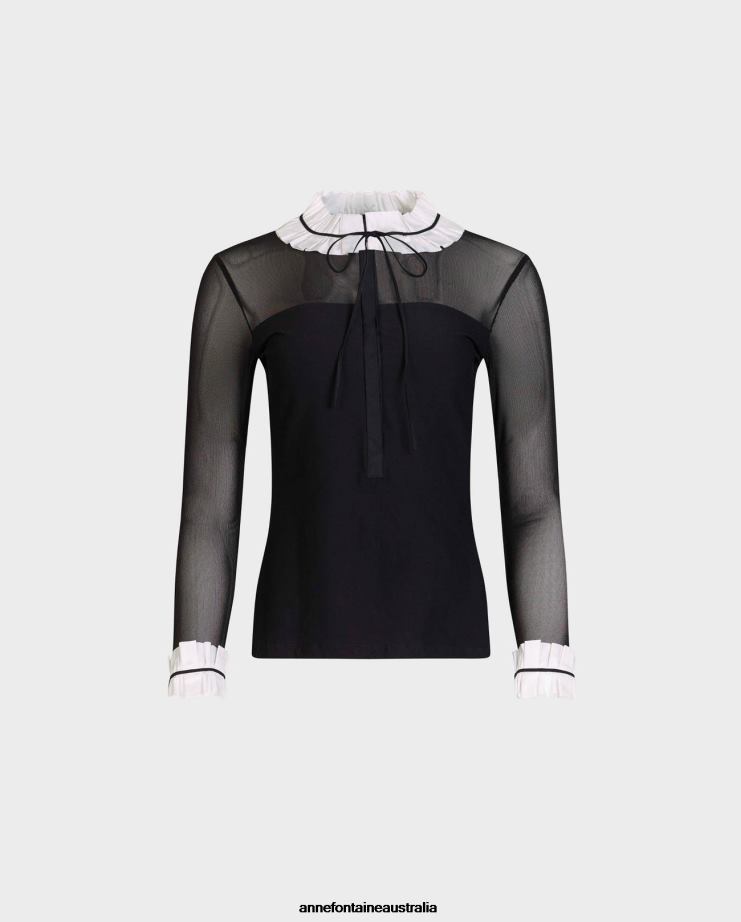 Anne Fontaine Clothing 2VZRJ224 Women Beinecke Shirt Sheer Pullover Shirt With Poplin Ruffle Collar and Cuffs Black/White
