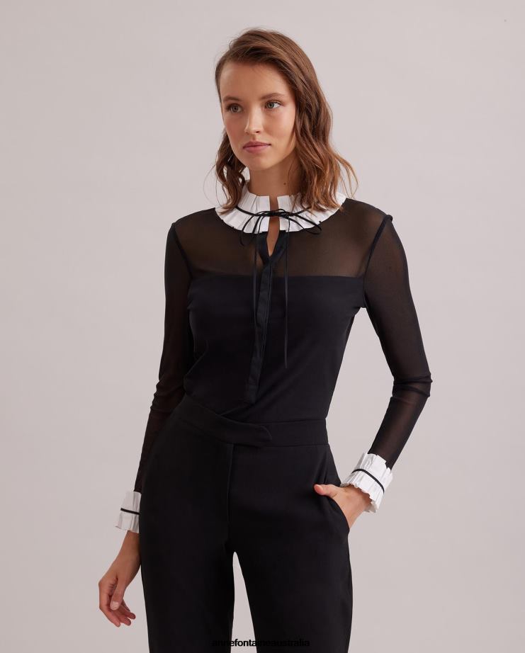 Anne Fontaine Clothing 2VZRJ224 Women Beinecke Shirt Sheer Pullover Shirt With Poplin Ruffle Collar and Cuffs Black/White