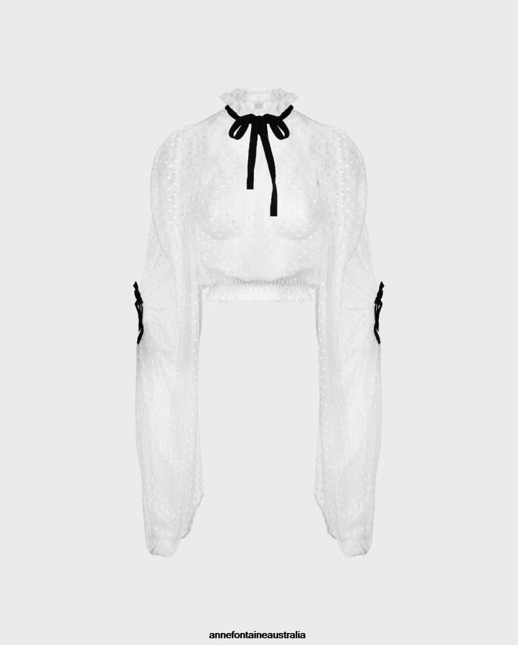 Anne Fontaine Clothing 2VZRJ227 Women Fairlight Blouse Sheer Blouse With Dot Embroidery and Exaggerated Sleeves Black/White