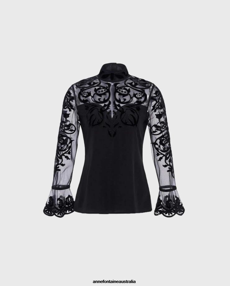 Anne Fontaine Clothing 2VZRJ228 Women Loeky Blouse Silk Blouse With Sheer Yoke and Sleeves Black