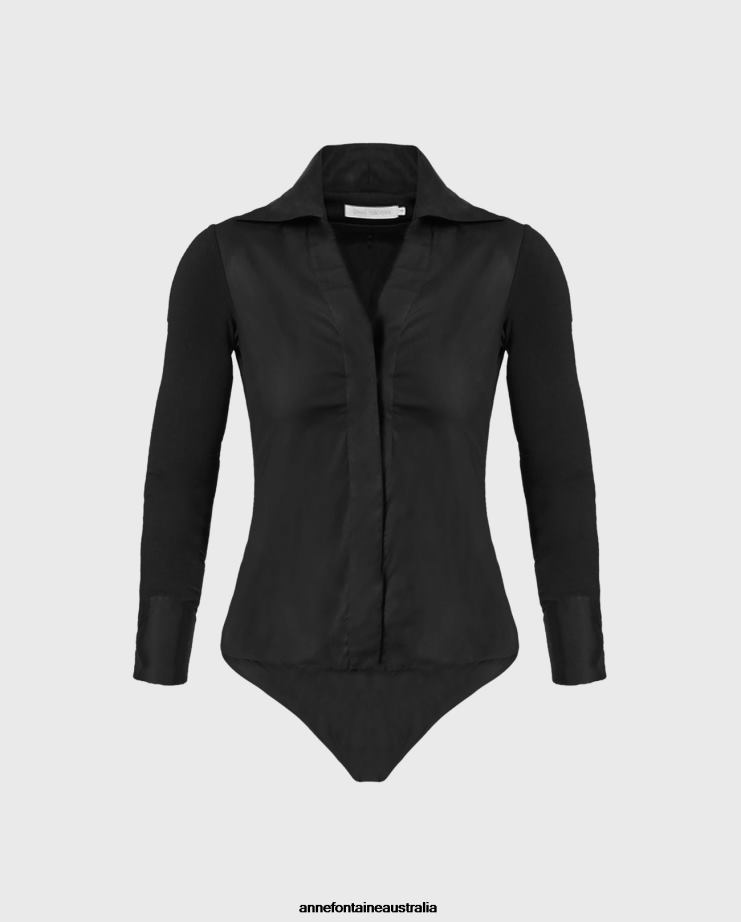 Anne Fontaine Clothing 2VZRJ230 Women Verene Bodysuit Poplin and Jersey Bodysuit With Large Point Collar Black