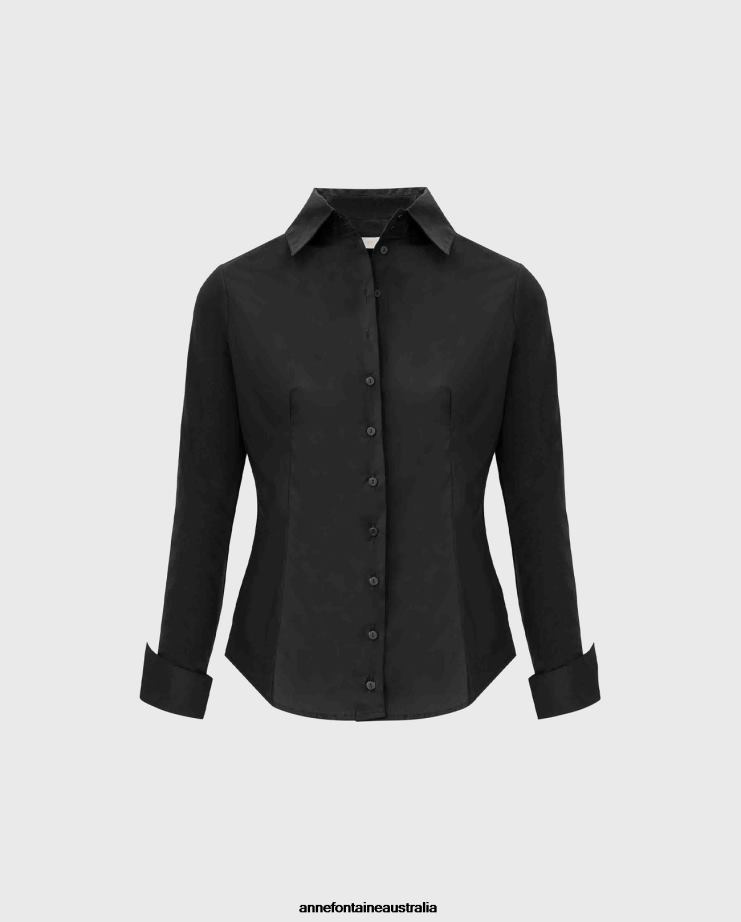 Anne Fontaine Clothing 2VZRJ232 Women Armantine Shirt Long Sleeve Cotton Button Down Shirt Black
