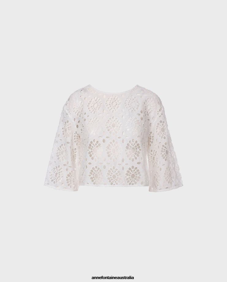 Anne Fontaine Clothing 2VZRJ233 Women Calys Blouse Textured Eyelet Poplin Blouse White