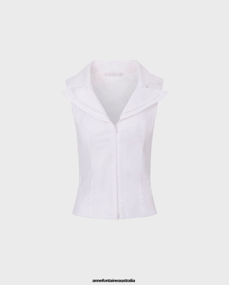 Anne Fontaine Clothing 2VZRJ234 Women Vileo Shirt Sleeveless Zip up Shirt With Double Notch Collar White