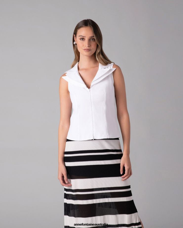 Anne Fontaine Clothing 2VZRJ234 Women Vileo Shirt Sleeveless Zip up Shirt With Double Notch Collar White