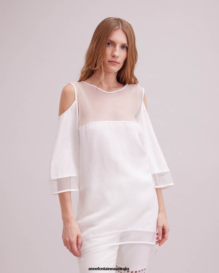 Anne Fontaine Clothing 2VZRJ237 Women Musee Blouse Cold Shoulder 3/4 Sleeve Tunic Linen Blouse With Mesh Inserts White