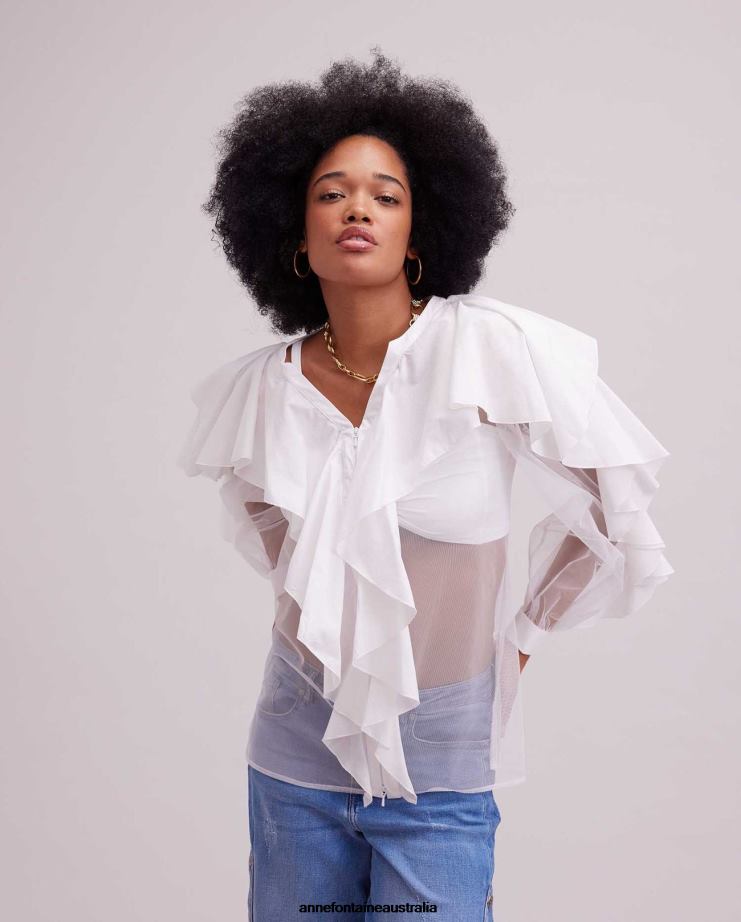 Anne Fontaine Clothing 2VZRJ239 Women Galerie Shirt Sheer Net Shirt With Cascading Ruffle Details White
