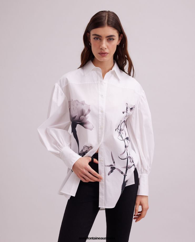 Anne Fontaine Clothing 2VZRJ242 Women Clay Shirt Long Sleeve Classic Shirt With and Floral Applique Black/White/Grey