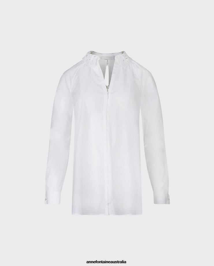 Anne Fontaine Clothing 2VZRJ243 Women Basque Shirt Classic Long Sleeve Shirt With Lace Collar and French Cuffs White