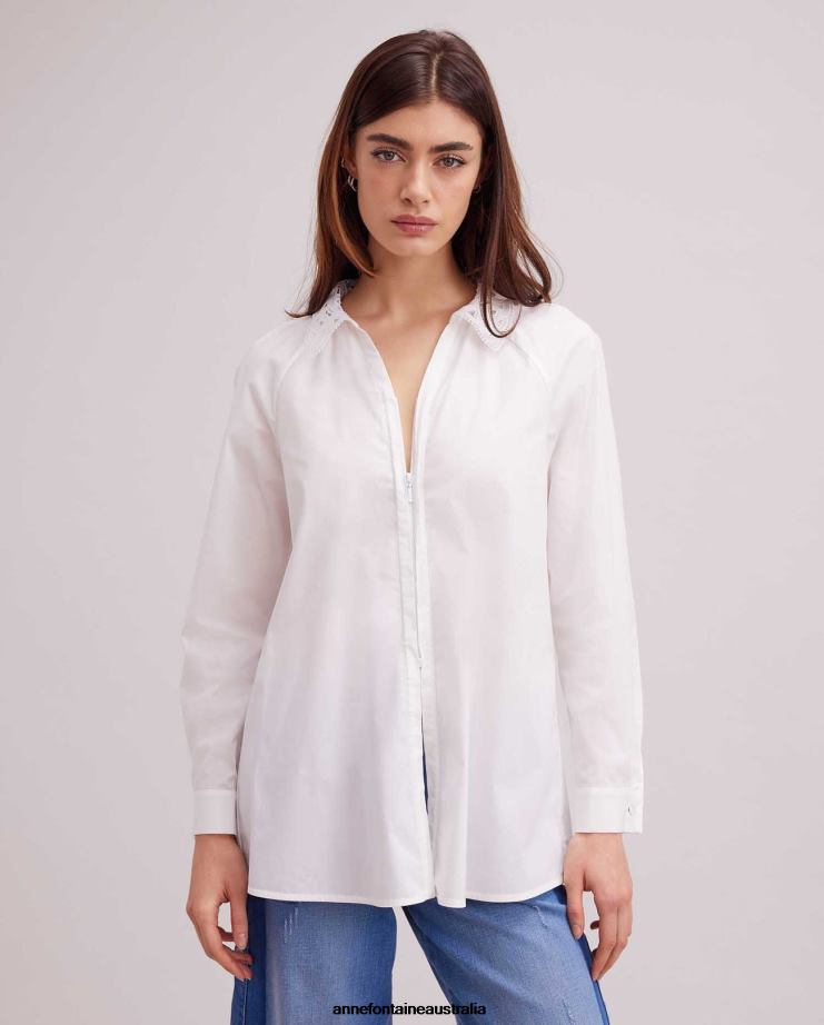 Anne Fontaine Clothing 2VZRJ243 Women Basque Shirt Classic Long Sleeve Shirt With Lace Collar and French Cuffs White