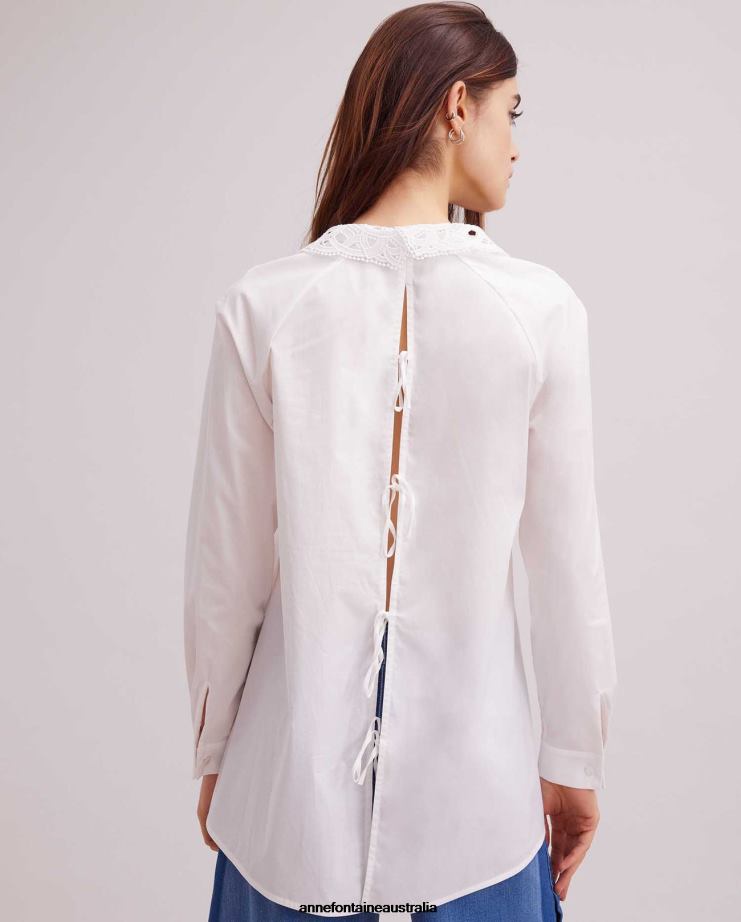 Anne Fontaine Clothing 2VZRJ243 Women Basque Shirt Classic Long Sleeve Shirt With Lace Collar and French Cuffs White