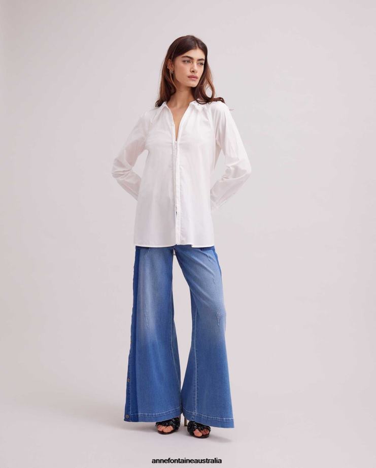 Anne Fontaine Clothing 2VZRJ243 Women Basque Shirt Classic Long Sleeve Shirt With Lace Collar and French Cuffs White