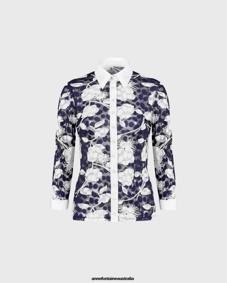Anne Fontaine Clothing 2VZRJ245 Women Vaxy Shirt and Lace Shirt With Poplin Details Navy/White