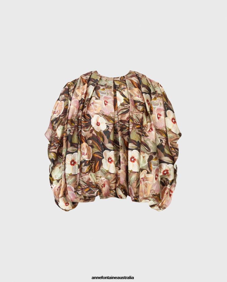 Anne Fontaine Clothing 2VZRJ246 Women Sublime Blouse Floral Print Silk Blouse With Batwing Sleeves and Allover Pleating Brown