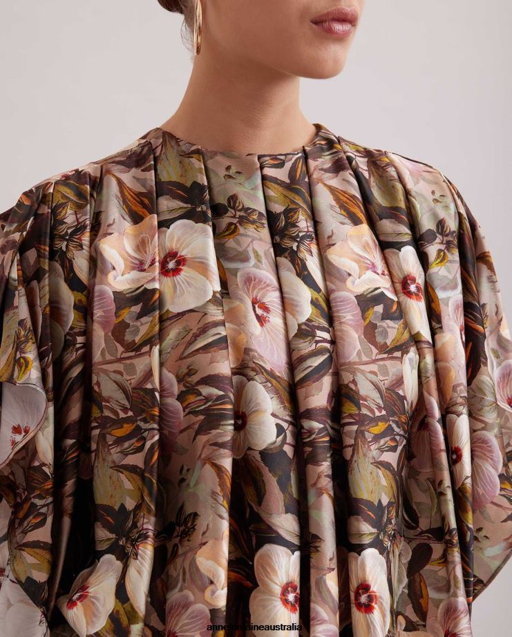 Anne Fontaine Clothing 2VZRJ246 Women Sublime Blouse Floral Print Silk Blouse With Batwing Sleeves and Allover Pleating Brown