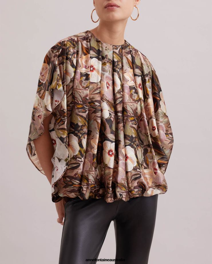 Anne Fontaine Clothing 2VZRJ246 Women Sublime Blouse Floral Print Silk Blouse With Batwing Sleeves and Allover Pleating Brown