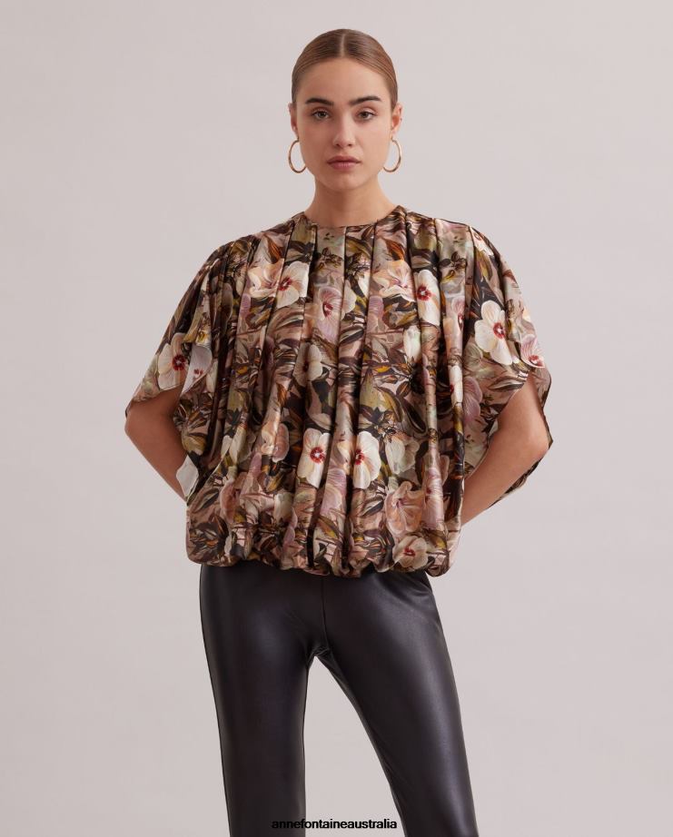 Anne Fontaine Clothing 2VZRJ246 Women Sublime Blouse Floral Print Silk Blouse With Batwing Sleeves and Allover Pleating Brown