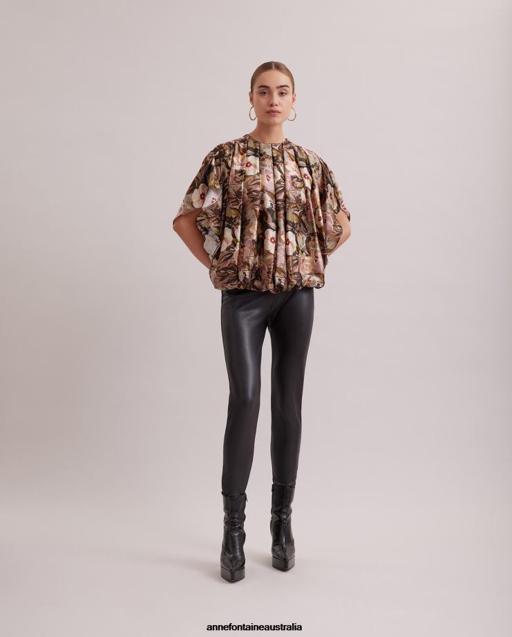 Anne Fontaine Clothing 2VZRJ246 Women Sublime Blouse Floral Print Silk Blouse With Batwing Sleeves and Allover Pleating Brown