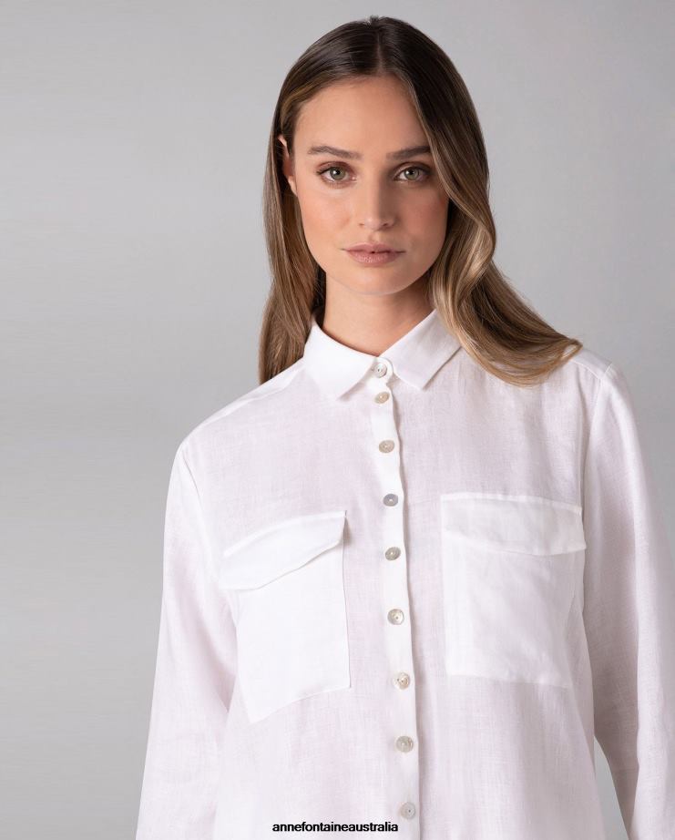 Anne Fontaine Clothing 2VZRJ247 Women Comete Shirt Flowy Tunic Length Shirt With Mother of Pearl Buttons White