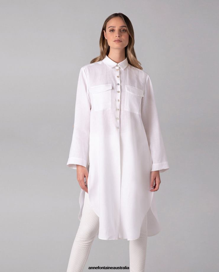 Anne Fontaine Clothing 2VZRJ247 Women Comete Shirt Flowy Tunic Length Shirt With Mother of Pearl Buttons White