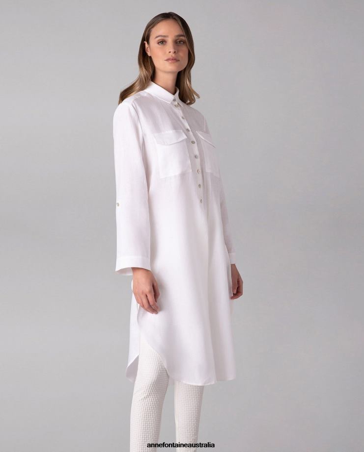 Anne Fontaine Clothing 2VZRJ247 Women Comete Shirt Flowy Tunic Length Shirt With Mother of Pearl Buttons White