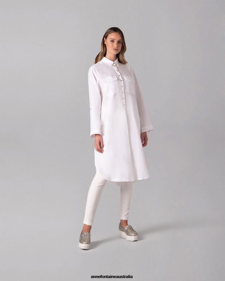 Anne Fontaine Clothing 2VZRJ247 Women Comete Shirt Flowy Tunic Length Shirt With Mother of Pearl Buttons White