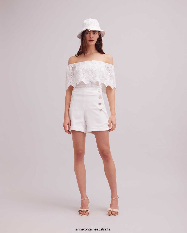 Anne Fontaine Clothing 2VZRJ318 Women Rosier Short With Button Details White/Gold